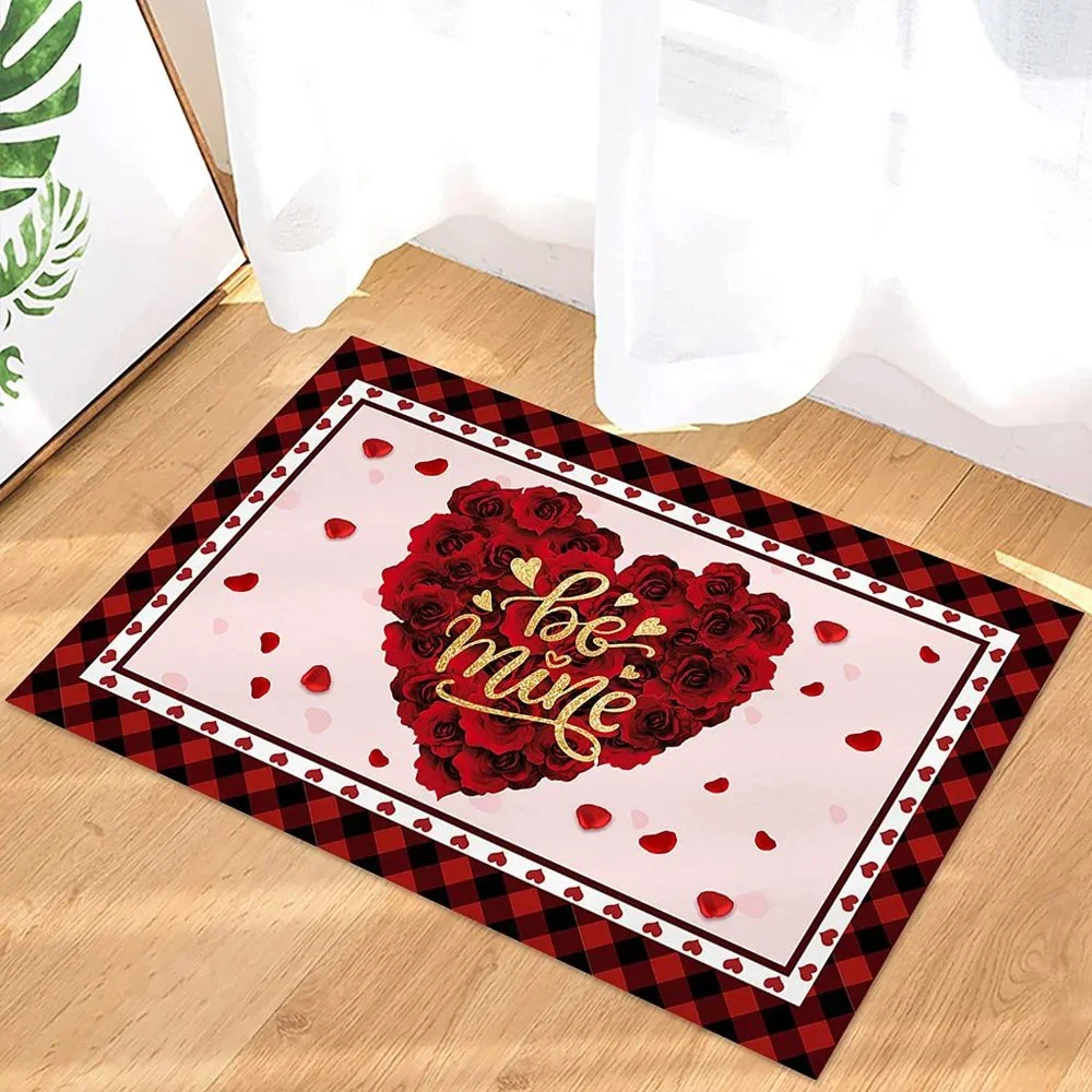 Valentine's Day Doormat Red Heart Rose Buffalo Plaid 18